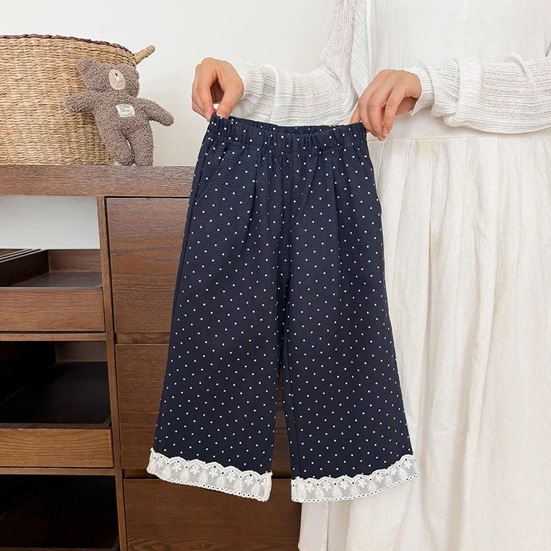 Korean Style Baby Girls Polka Dot Wide Leg Pants Lace Hem Loose Trousers Toddler Kids Elastic Waist Casual Fashion Pants