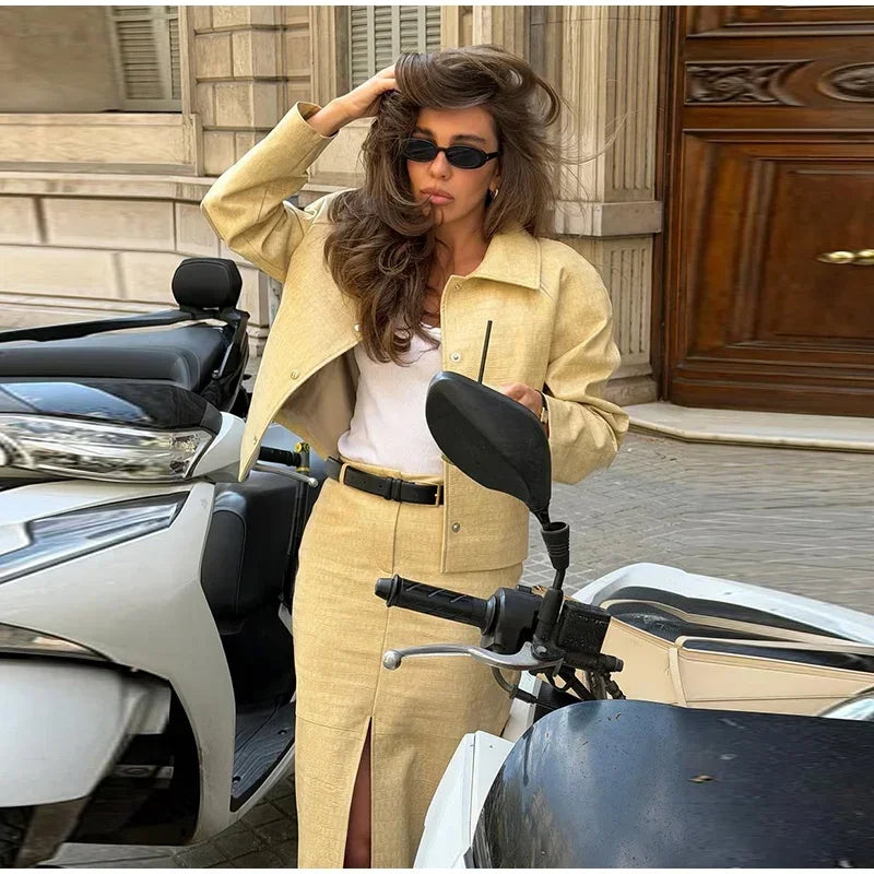 Women's Skirt Sets Crocodile Faux Leather Lapel Long Sleeve Button Oversized Jackets Straight Skirts Autumn Female Loose Outfits
