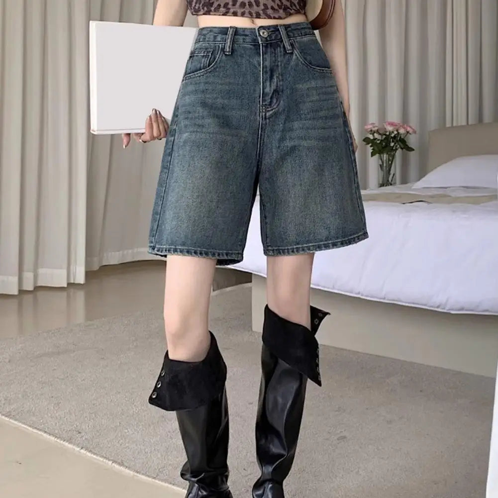 Retro Style Women Denim Shorts High Waist Vintage Washed Straight Wide Leg Button Zipper Knee Length Jeans Shorts Summer