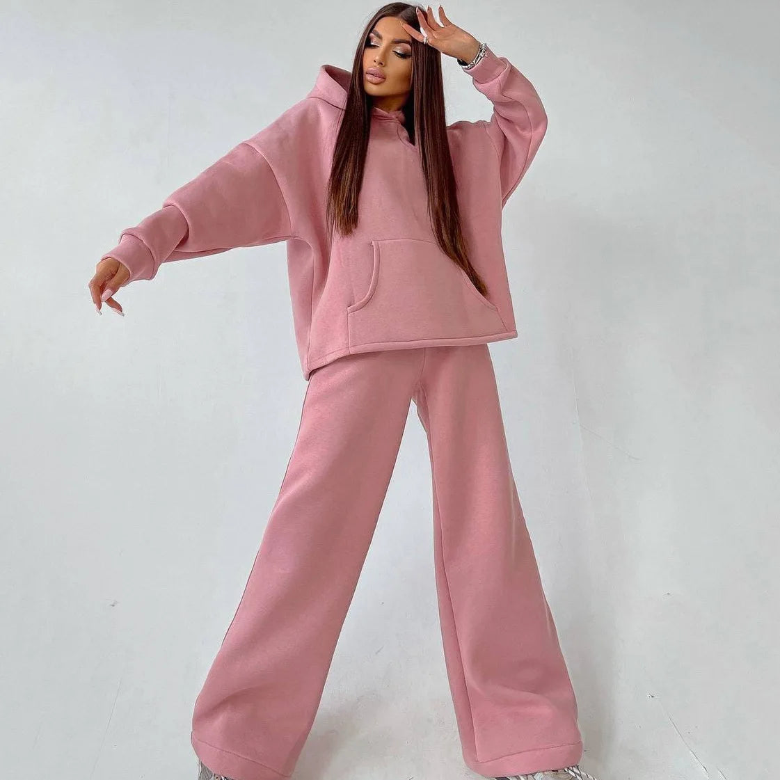 Woman's Solid Color Hooded Sweatshirt Pant Two-piece Set Fashion Long Sleeves Pocket Pullovers Pants Suits Ladies Loose Outfit