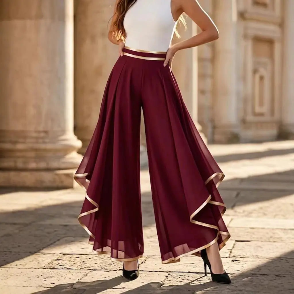 Women's Loose Pants Summer Fashion Versatile Casual Chiffon Wide Leg Pants Gold Trim Flowy Ruffle Hem Casual Palazzo Pants