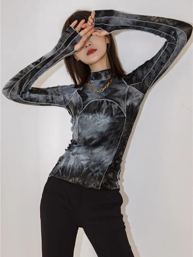 CHEERART Tie Dye Grey Black Turtleneck Woman Tshirts Bodycon Long Sleeve Top Women Fall Fashion Tee Shirt Femme Clothing