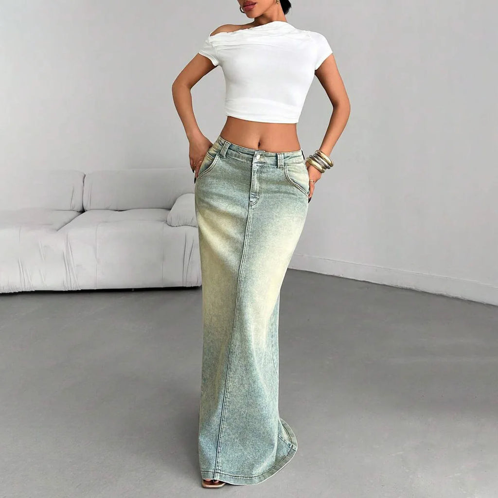 Denim Old Floor-length Slit Skirt for Women, Low Waist, Slimming, Fashionable and Trendy, Versatile for Everyday Use