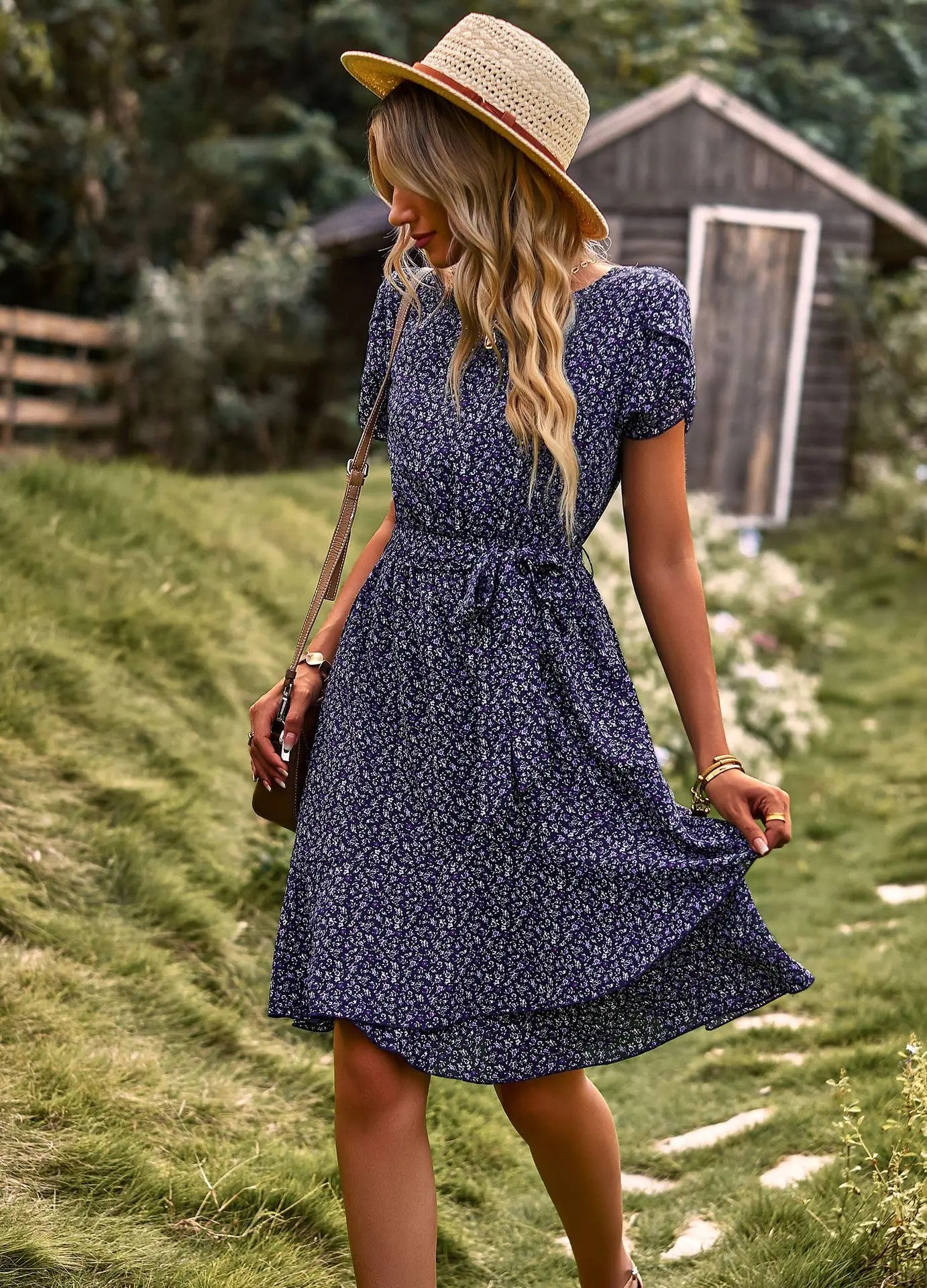 Msfilia Fashion O Neck Casual Printd Dress Women Summer Strap High Waist Pleated Dresses For Female