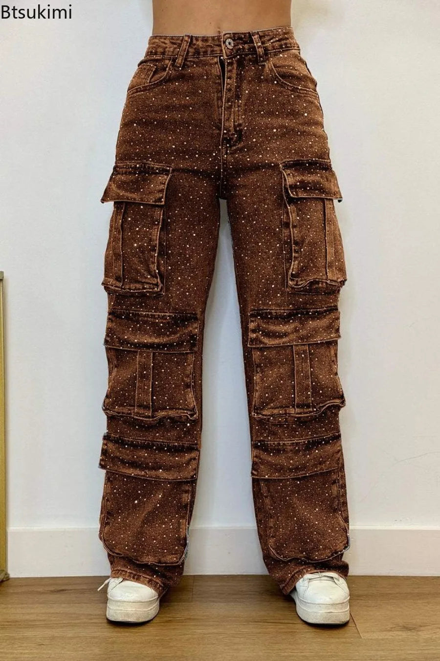 New 2026 Women's High Waist Cargo Denim Jeans with Full Rhinestones Sparkling Casual Baggy Pants Streetwear Chic Daily Trousers