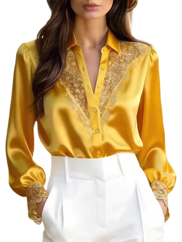 Elegant Style Long Sleeve Lace Patchwork Blouse Women's Commute V-Neck Shirt Polyester Fiber Printed Casual Top