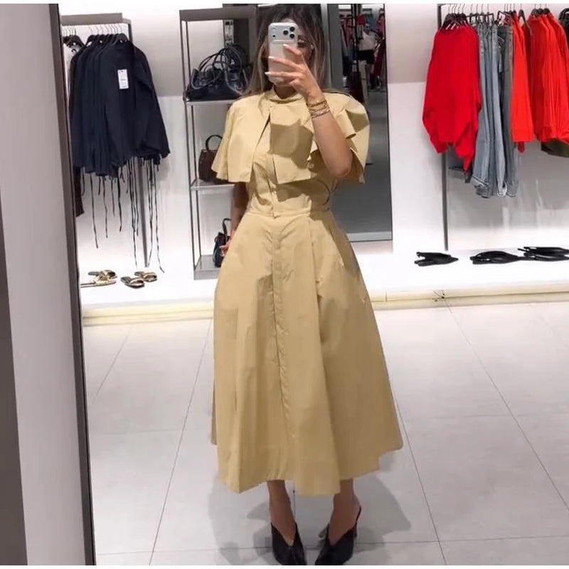 Women's Trench Style Midi Dress Stand Collar Cape Overlay Short Sleeve Belted Waist A‑Line Dresses Autumn Elegant Office Outfits