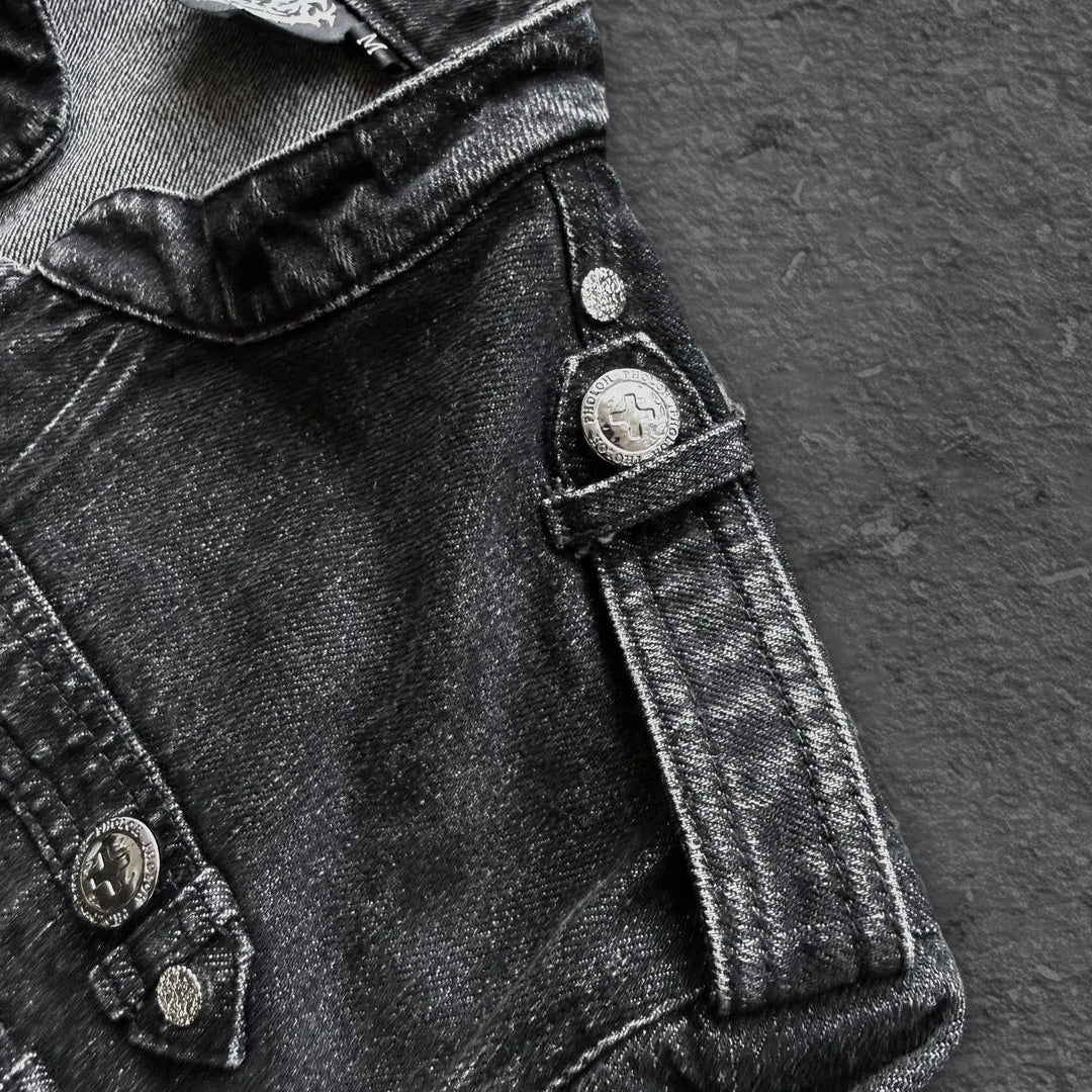 Gothic Motorcycle Denim Jacket Men American Retro Washed Multi Breasted Slim Fit Jacket Y2K High Street Unisex Punk Streetwear