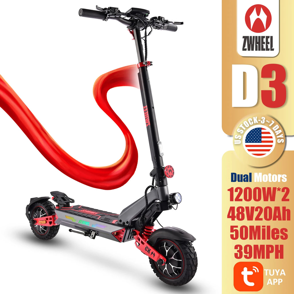 ZWHEEL D3 Dual Motors Electric Scooter 2400W All-wheel Drive Max Speed 39 MPH Max Range 50 Miles 960Wh Battery 1000 Cycles Bluetooth Locking and Unlocking Anti-theft Protection TUYA Smart APP 10''Off-Road Tires Low Noise Perf