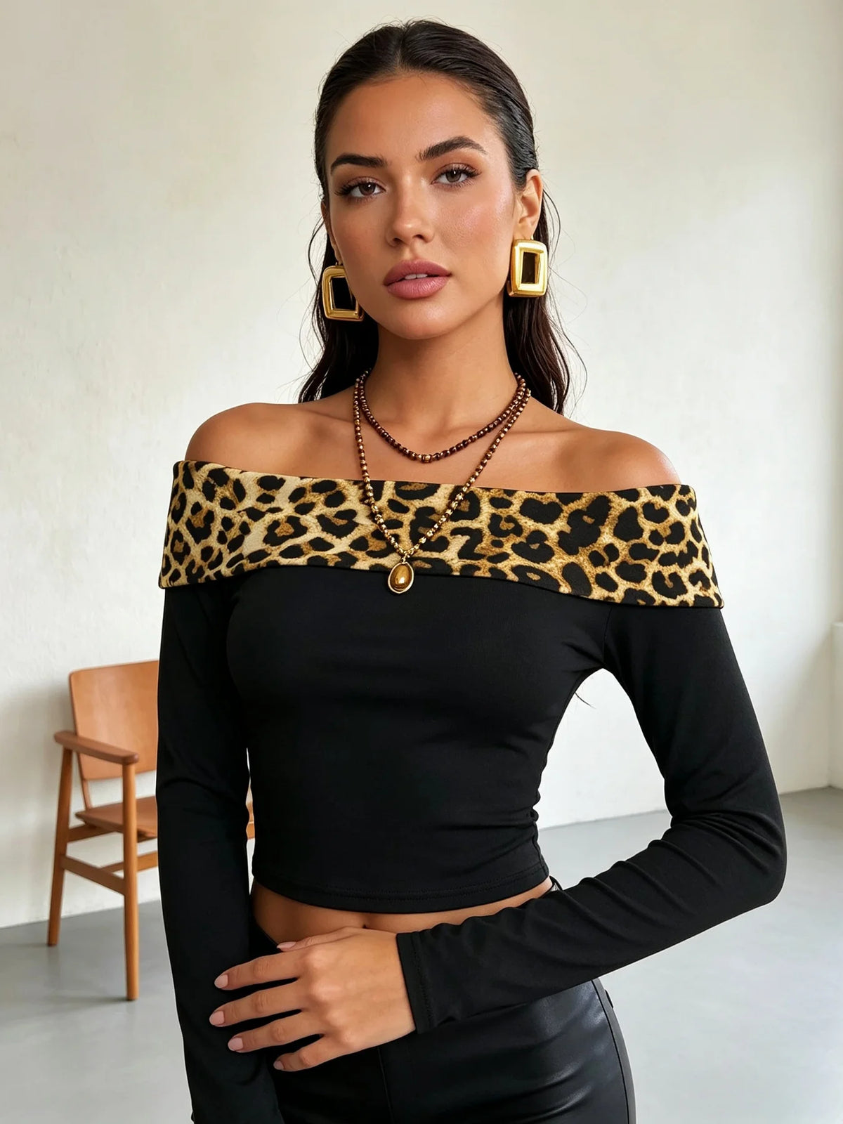 Women Leopard Print Off Shoulder Long Sleeve Crop Top Slim Fitted Y2K Street Casual Long Sleeve T-shirt