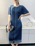 Miyake Pleated Imitation Denim Dress 2025 Summer New Mid-length Slim and Thin Short-sleeved Pleated Skirt
