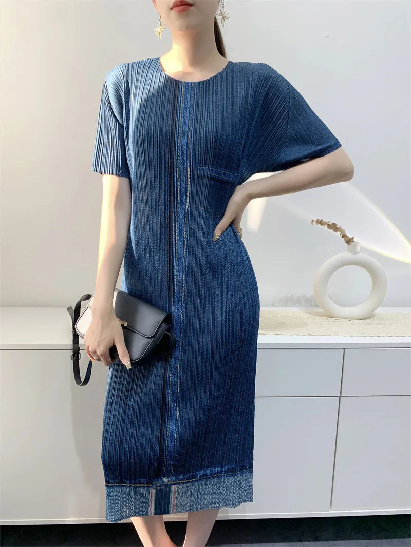 Miyake Pleated Imitation Denim Dress 2025 Summer New Mid-length Slim and Thin Short-sleeved Pleated Skirt