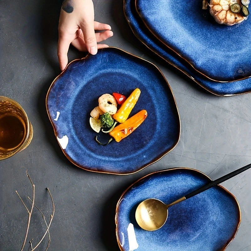 Nordic Style Blue Kiln Turned Ceramic Food Plate Steak Pasta Western Cuisine Plate Kitchen Utensils Dining Table Decoration