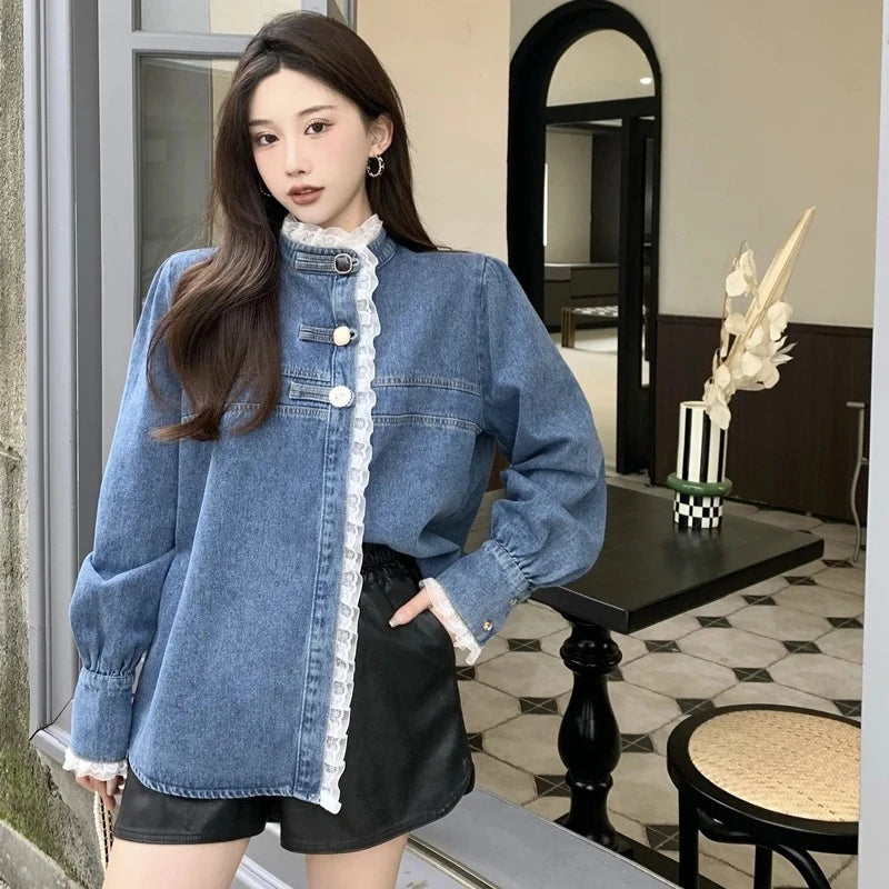 2025 Spring Lace Denim Shirt Women Fashion Patchwork Long Sleeve Blouse Female Loose Stand Collar Button Down Jean Shirts Woman