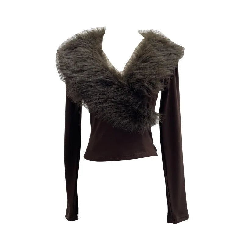 ISAROSE Big Artificial Fur Collar T-shirt for Women Y2K Solid Color V Neck Spring Autumn Sanded Fabric Lining Short Slim Tops