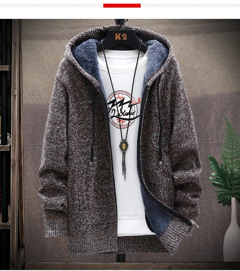 Autumn Winter Men's Sweaters Hooded Knit Cardigan Korean Sweaters Jacket Fleece Lined Hoodies Windbreaker Coat