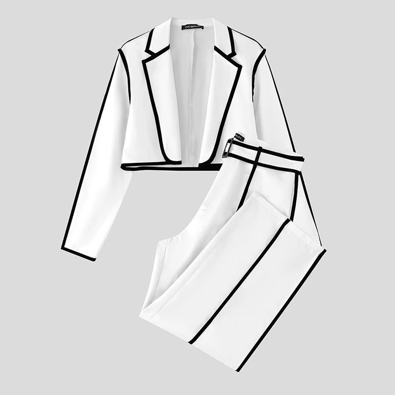 INCERUN Men Sets Patchwork Autumn 2025 Lapel Long Sleeve Crop Blazer & Pants Two Pieces Sets Streetwear Loose Fashion Men Suits