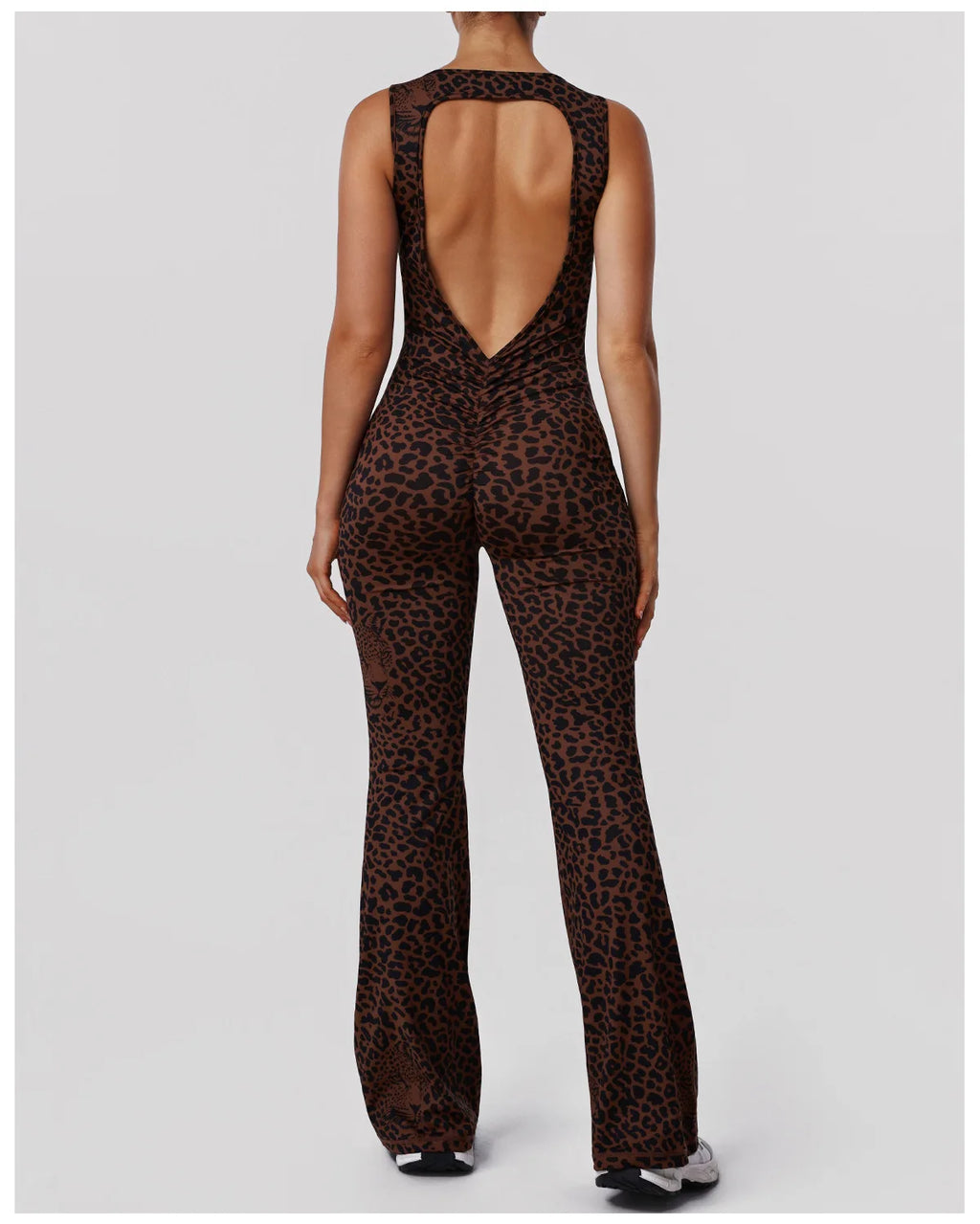 Greenora Leopard Print Yoga Jumpsuit Sleeveless Backless Flare Romper High Waist Slimming Athletic Bodysuit for Workout Fitness