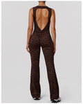 Greenora Leopard Print Yoga Jumpsuit Sleeveless Backless Flare Romper High Waist Slimming Athletic Bodysuit for Workout Fitness