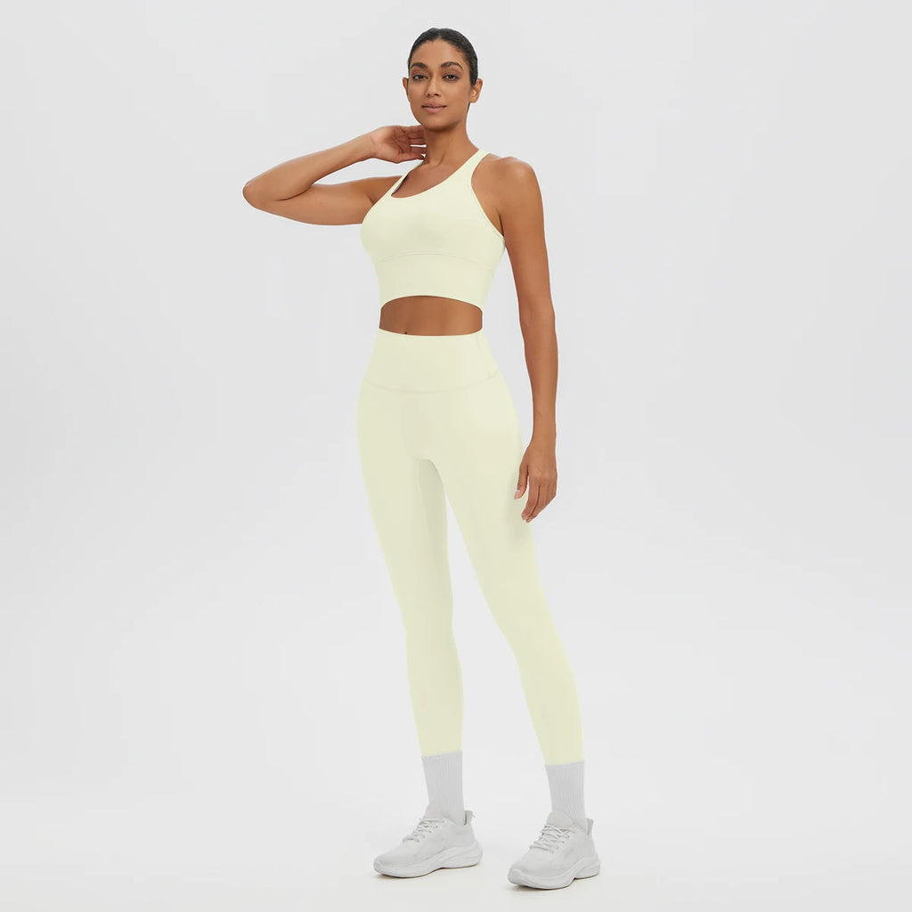 2PCS/set Gym Sports Yoga Suit for Women's Solid Color High Stretch Quick Drying Legging Yoga Pants Gather I-shaped Vest Yoga Set