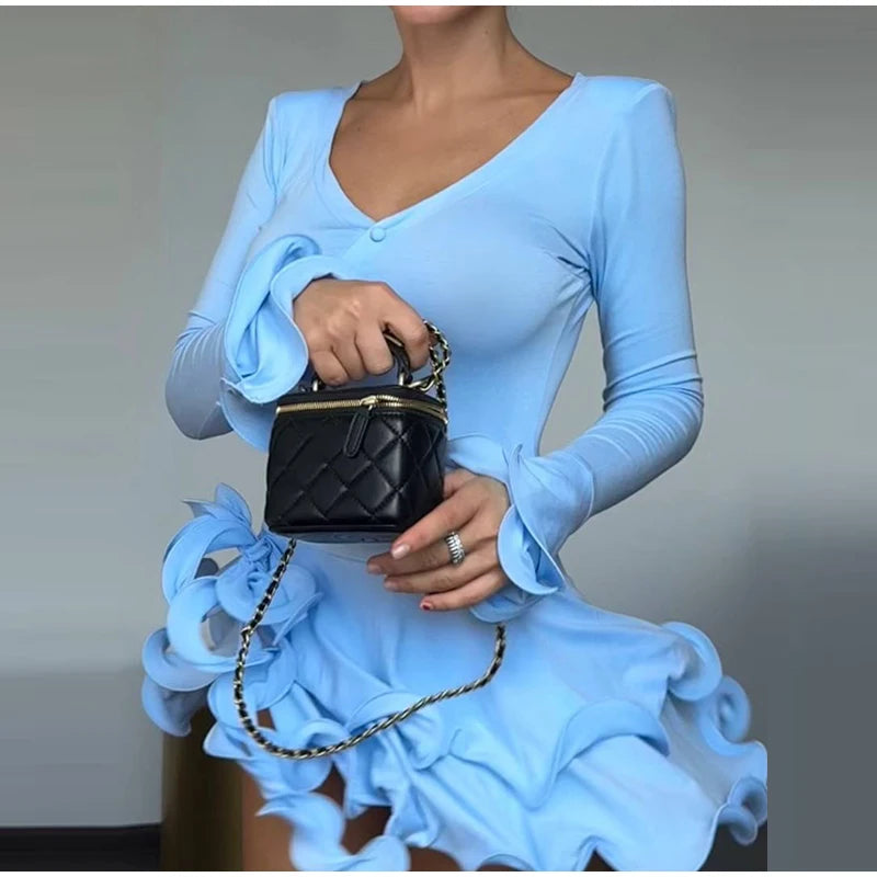 Chic Ruffle Hem Women's Dress V-Neck Long Sleeve Waist-Closed Buttons Solid Lady Mini Dresses 2026 Summer Fashion Female Robe