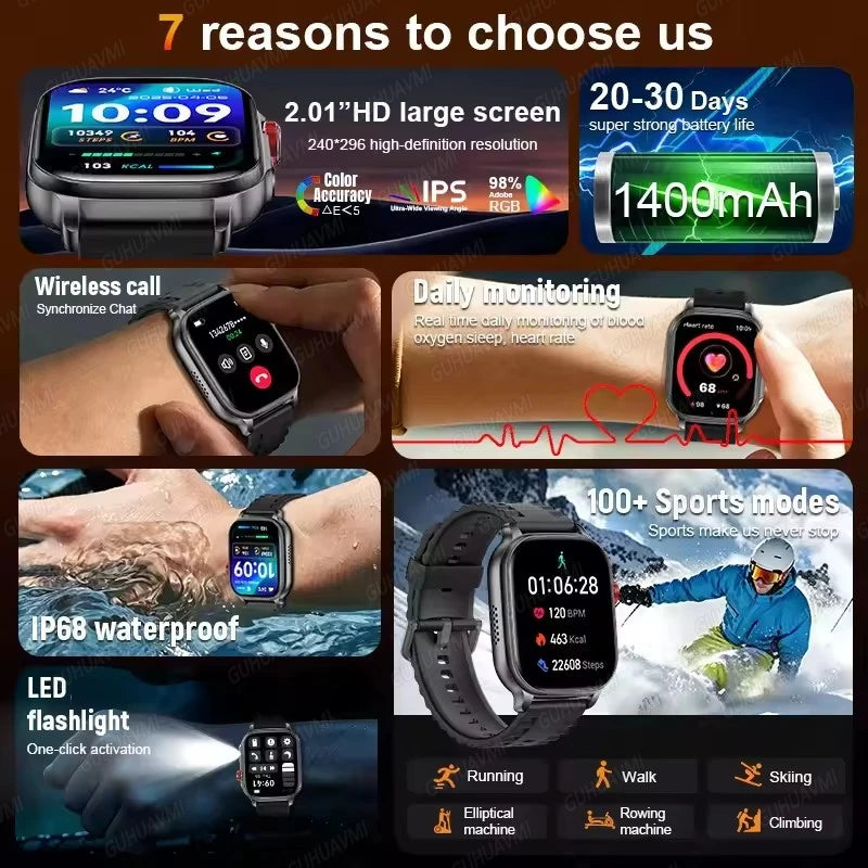 New1400mAh Military Grade Smart Watch 600 hours Battery Life 5ATM Waterproof BT Call Alert LED Flashlight 100+Sports Watches Men