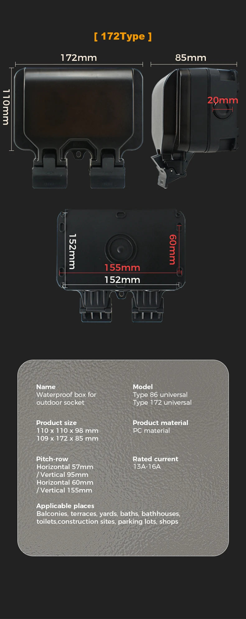Avoir EU Standard Power Socket IP66 Weatherproof Black Box 16A Outdoor Electrical Outlet With Indicator Wall Dustproof Plug 220V