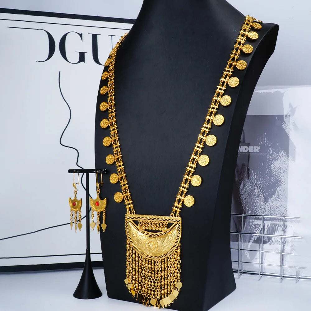 Tassel Necklace Earrings Long Set Women's 24K Gold AU999 - Exquisitely crafted 24K gold, smooth tassels, great for gifting
