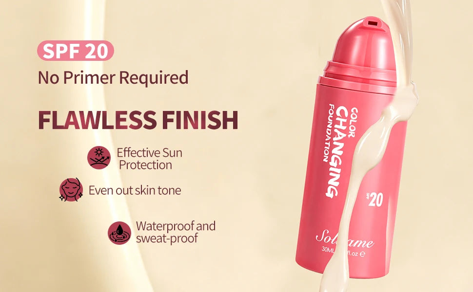 Color Changing Foundation Spf 20 Sunscreen Face Makeup, 30ml, Flawless Coverage Self-Adjusting Liquid Foundation for Natural Look