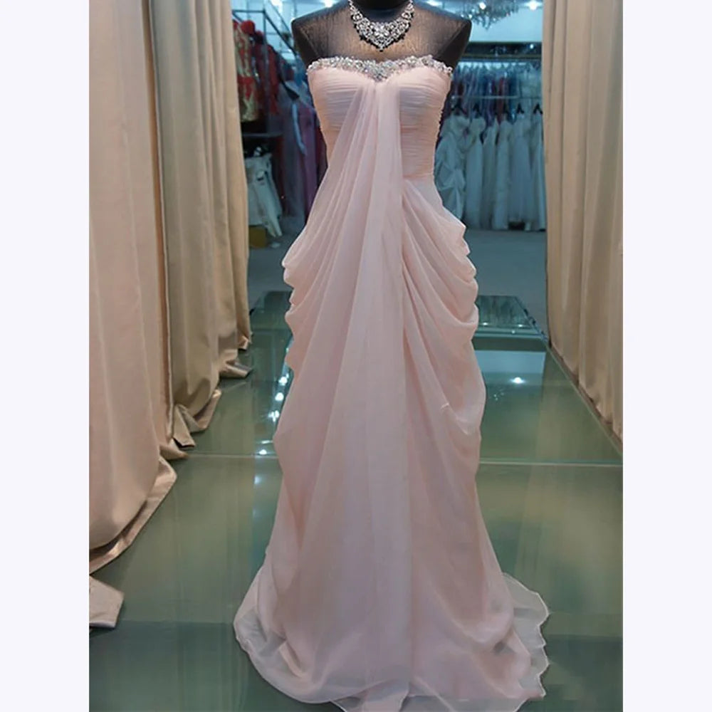 Luxurious Crystal Evening Dresses Pleats Sweet Pink Strapless Floor Length A Line Party Gown Custom Made Banquet Vestido