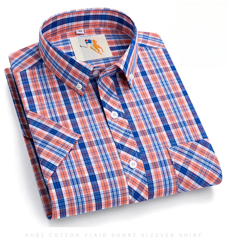 Fashion Korean Plus Size 8XL 100%Cotton Short Sleeve Shirts for Men Slim Fit Formal Plain Shirt Plaid Hawaiian Shirt Casual Top