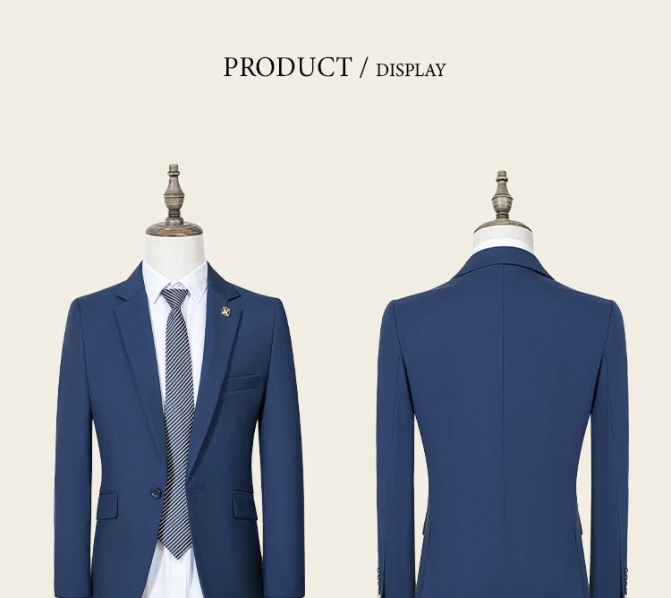 ST Cassy Dark Blue Men's Suit Slim Fit Solid Color Suit Formal Business Office Single Breasted Coat Pants 2 Pieces Set