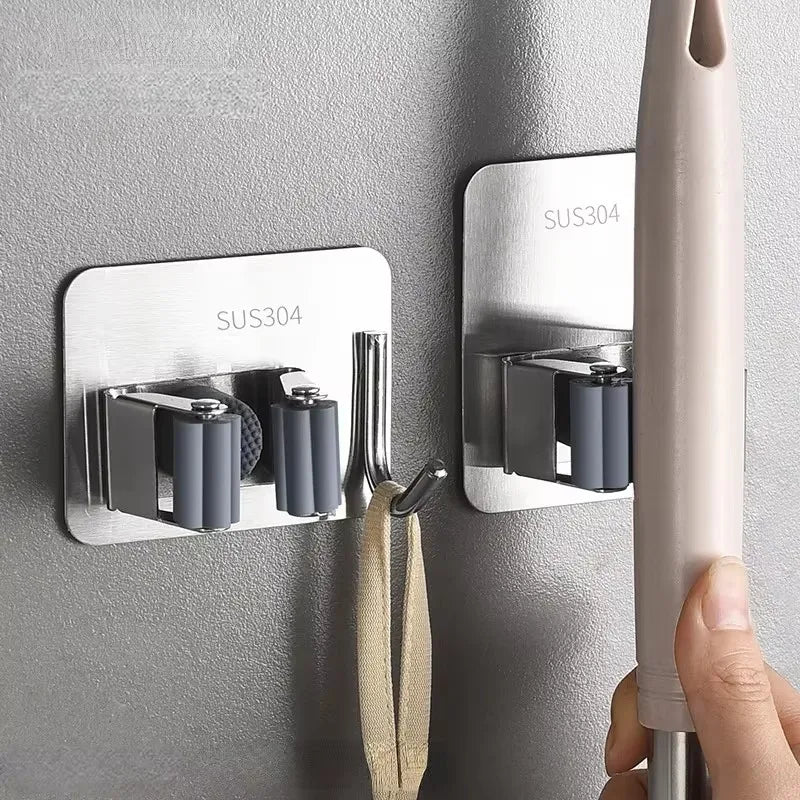 304 Stainless Steel Mop Clip Holder Bathroom Punch-free Mop Broom Brush Hanging Rack Strong Sticky Hook Wall Organizer Shelf