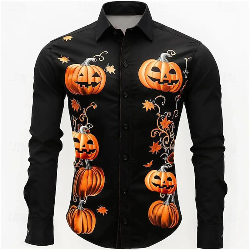 2026 Halloween Fun New Fall and Winter Yellow Shirt Halloween Party Fashion Men's Long Sleeve Tops Temperament Button Down Shirt