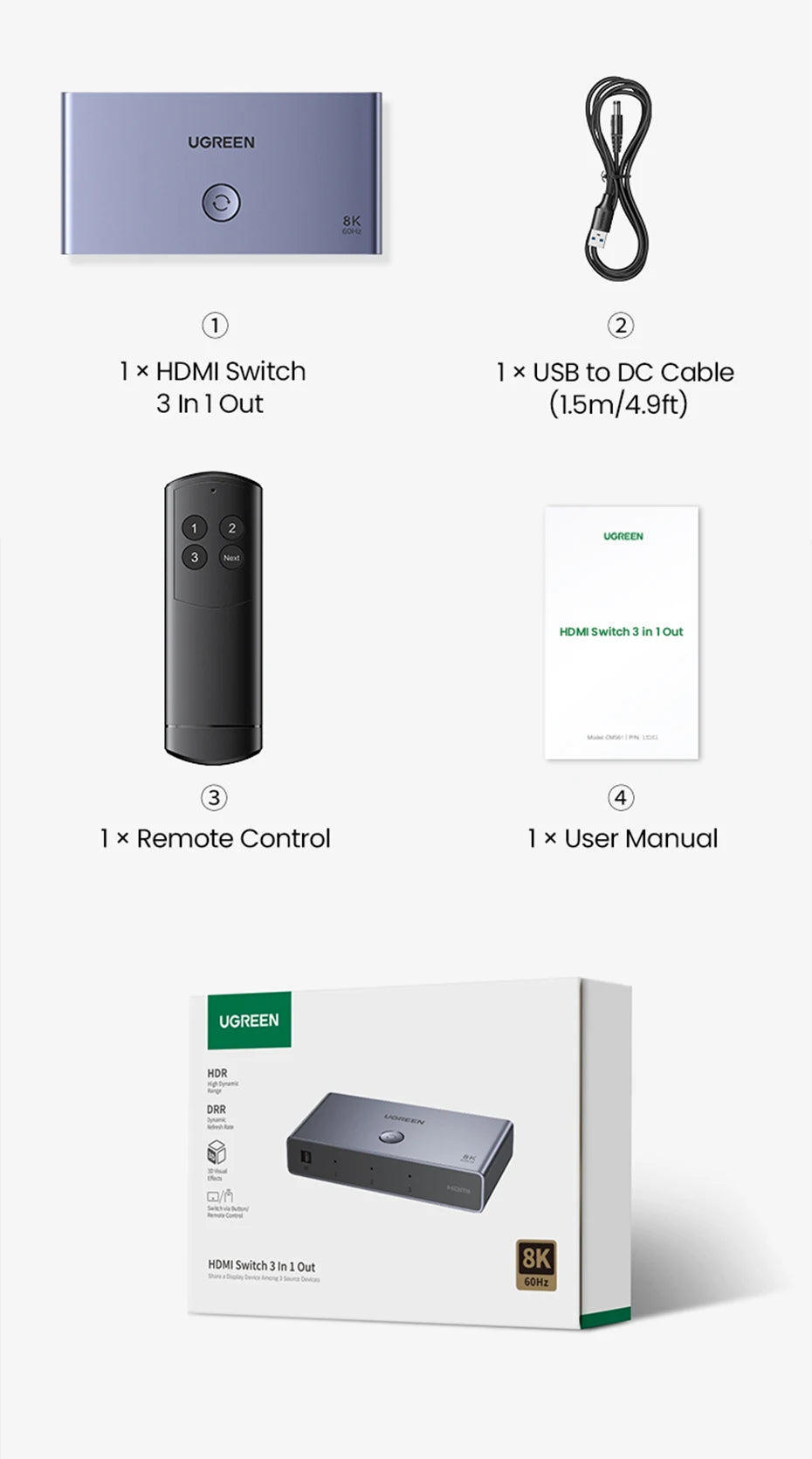 UGREEN HDMI 2.1 Switcher 8K 60Hz 4K120Hz HDMI-compatible Switch 3 in 1 Out with Remote Control Converter For Xbox PS5 Monitors