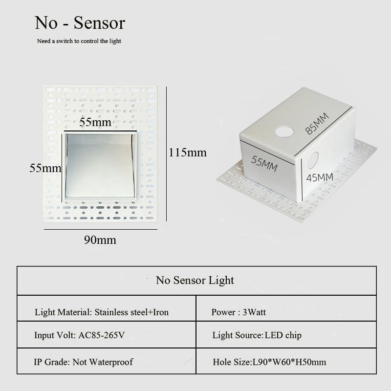 Embedded Frameless LED Step&Stair Wall Lamps 3W Motion Sensor Indoor Bedroom Ladder Foyer Corner Intelligent NightLight 100-240V
