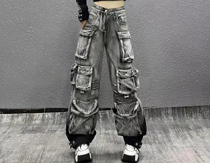 Jeans Women Denim Distressed Multi Pocket Y2k Streetwear Cargo Pants Casual High Waist Zipper Fly Winter Gradient Mom Jeans