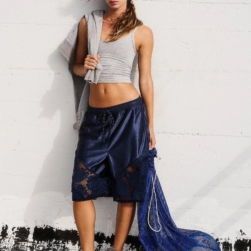 Womens Lace Patchwork Sweat Shorts Casual Summer Loose Mid Length Pants Drawstring Waist Lounge Running Walking Workout Shorts