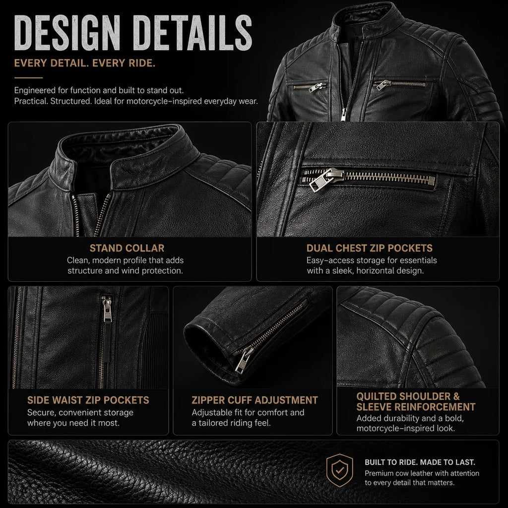 New Motorcycle Causal Vintage Leather Coat Men Autumn Outfit Fashion Biker Pocket Design Top Layer Cow Leather Jacket