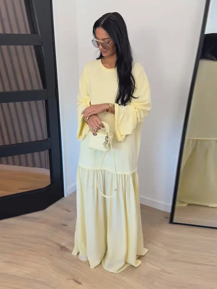Solid Color Loose Fit Flare Sleeve Tiered Dress Crew Neck Ruffle Hem Pleated Long Maxi Dresses 2026 Spring Chic Casual Outwear