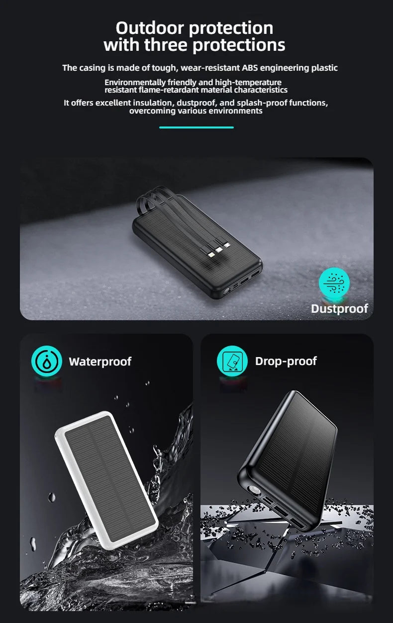 30000mAh Solar Power Bank Super Fast Charging Compact Portable Built-in 4 Cable High Capacity External Battery with Led Light