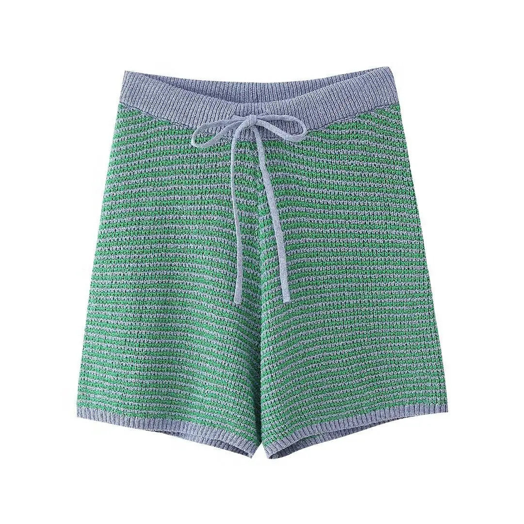 Holiday Retro Shorts Suit Summer New Women V Neck Knitted Tops Casual Lace Up Shorts Korean Fashion 2 Piece Sets Womens Outfits