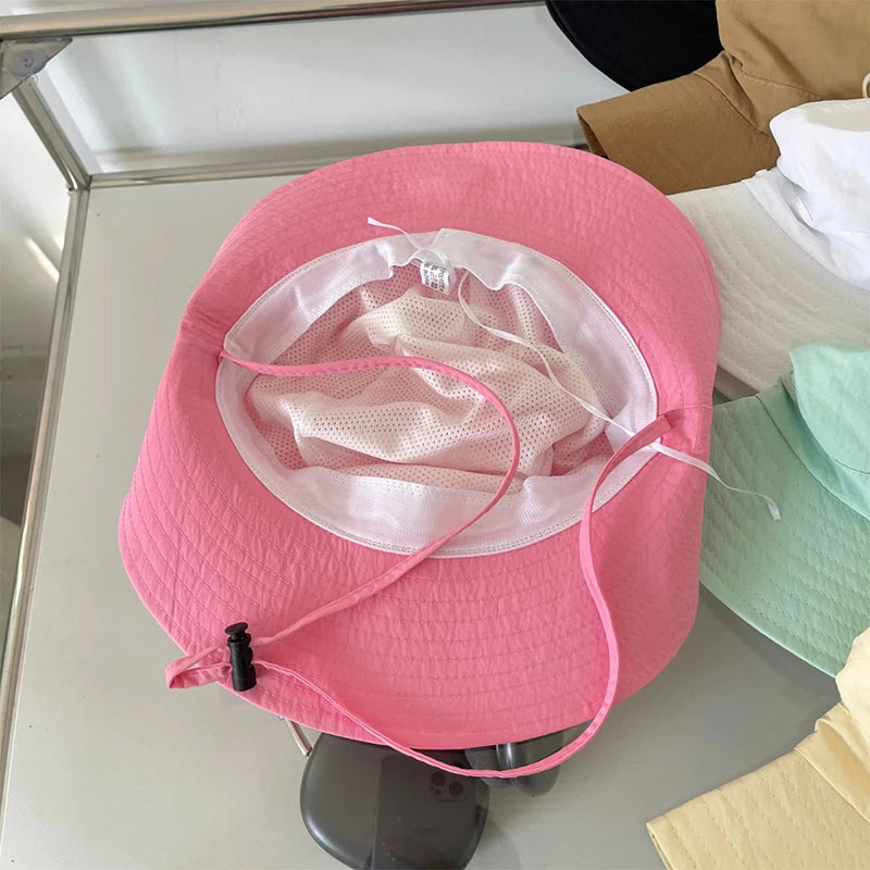 Korean Pink Bow Quick Dry Fisherman Hat Windproof Rope Women Outdoor Camping Mountaineering Hats Girl Summer Sunscreen Bowl Cap