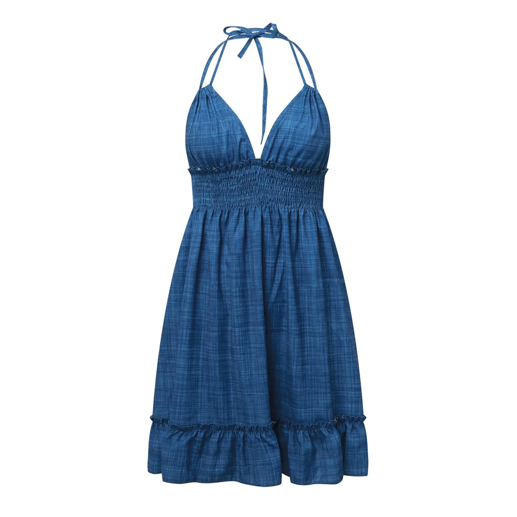 Summer Deep V Beach Dress Women Backless Sexy Sleeveless Halter A-Line Mini Dresses Flounced Edge Solid 2025 Vacation Sundress
