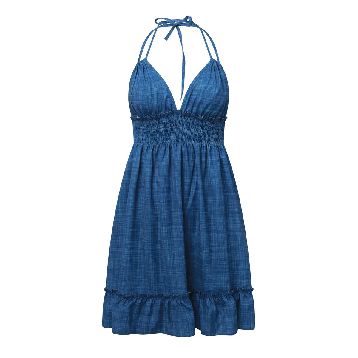 Summer Deep V Beach Dress Women Backless Sexy Sleeveless Halter A-Line Mini Dresses Flounced Edge Solid 2025 Vacation Sundress