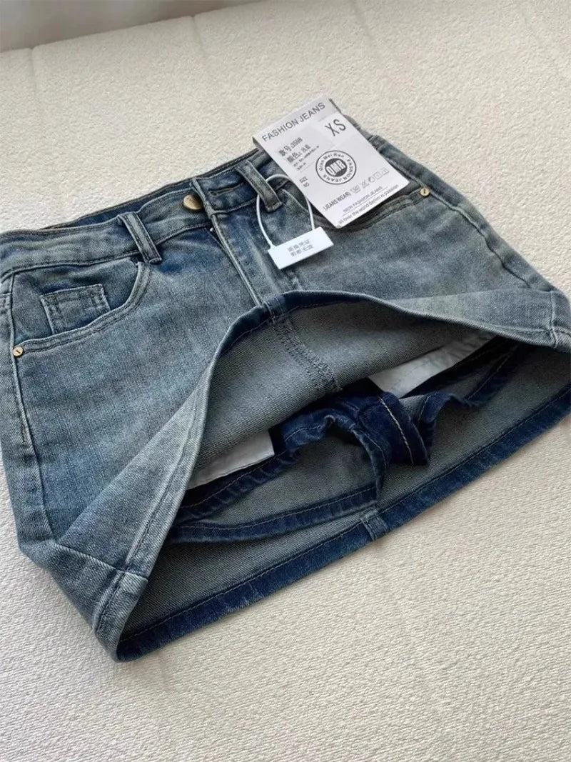 Sexy Retro Denim Skirt Women Anti-Light High Waist A-Line Slimming American Hot Girl Wrap Body Skirt Summer Fashion Mini Skirt