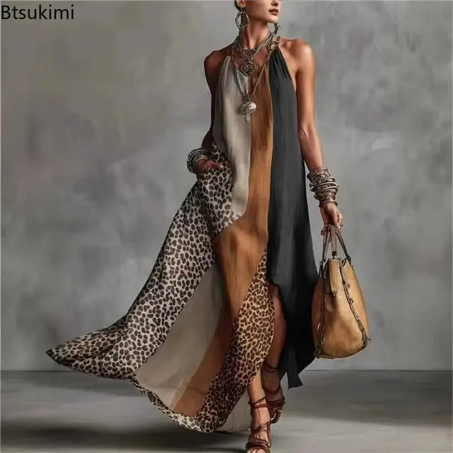 2026 New Women's Patchwork Animal Print Elegant Party Dresses Summer Halter Split Hem Long Dress Sleeveless Vacation Maxi Dress
