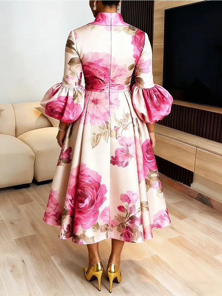 Stylish Women's Flower Printed Stand Collar Elegant Evening Maxi Dresses 2026 New Puff Sleeves Loose Pleated Party A-Line Dress