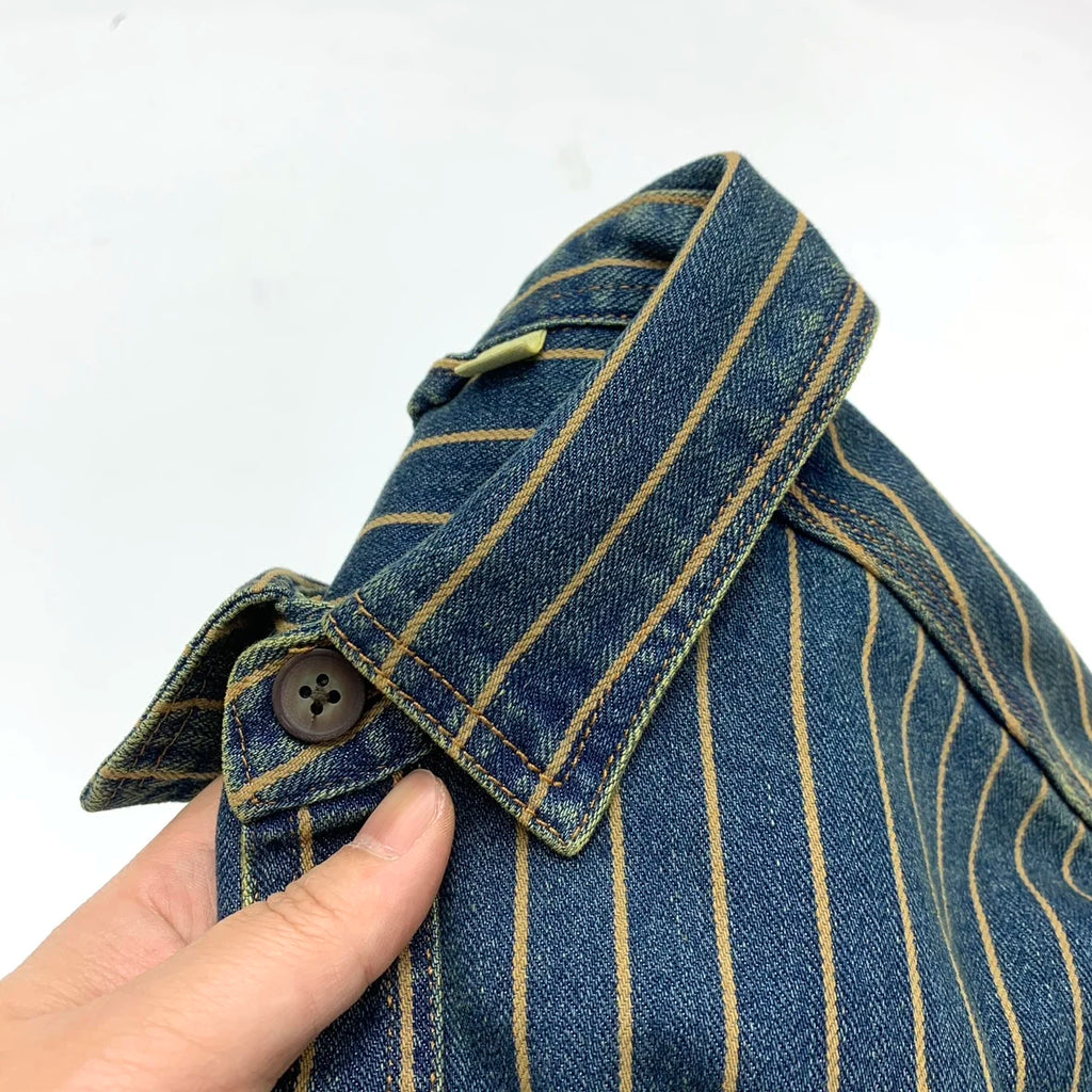 2025 Autumn New American Retro Heavyweight Striped Denim Shirt Jacket Men's 100% Cotton Washed Old Fashion Loose Casual Coat