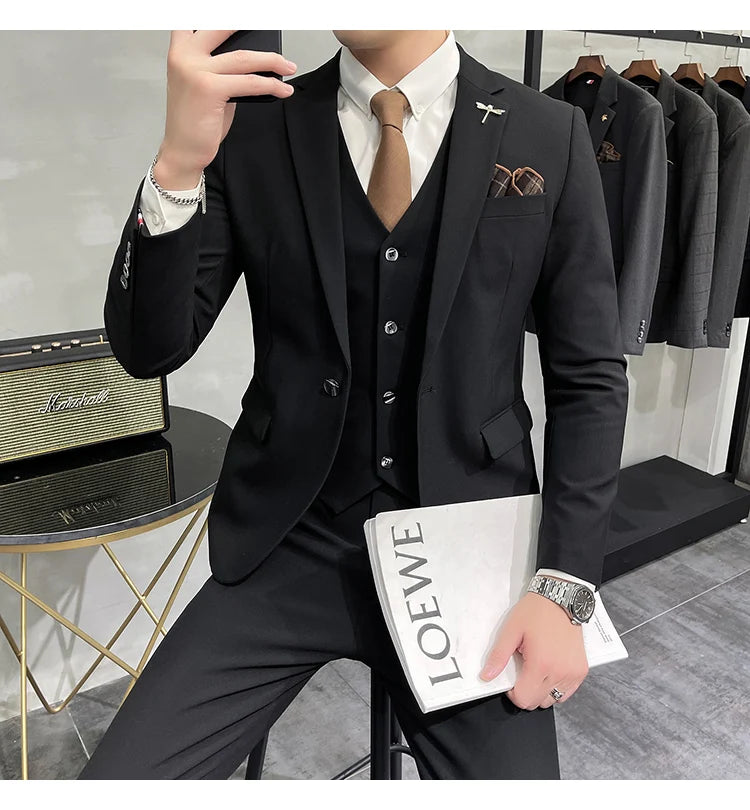 Blazer Vest Pants Men's Navy Blue Suit Set Slim Fit Blazer Vest Pants Formal Outfit for Business Wedding Office Groom Party